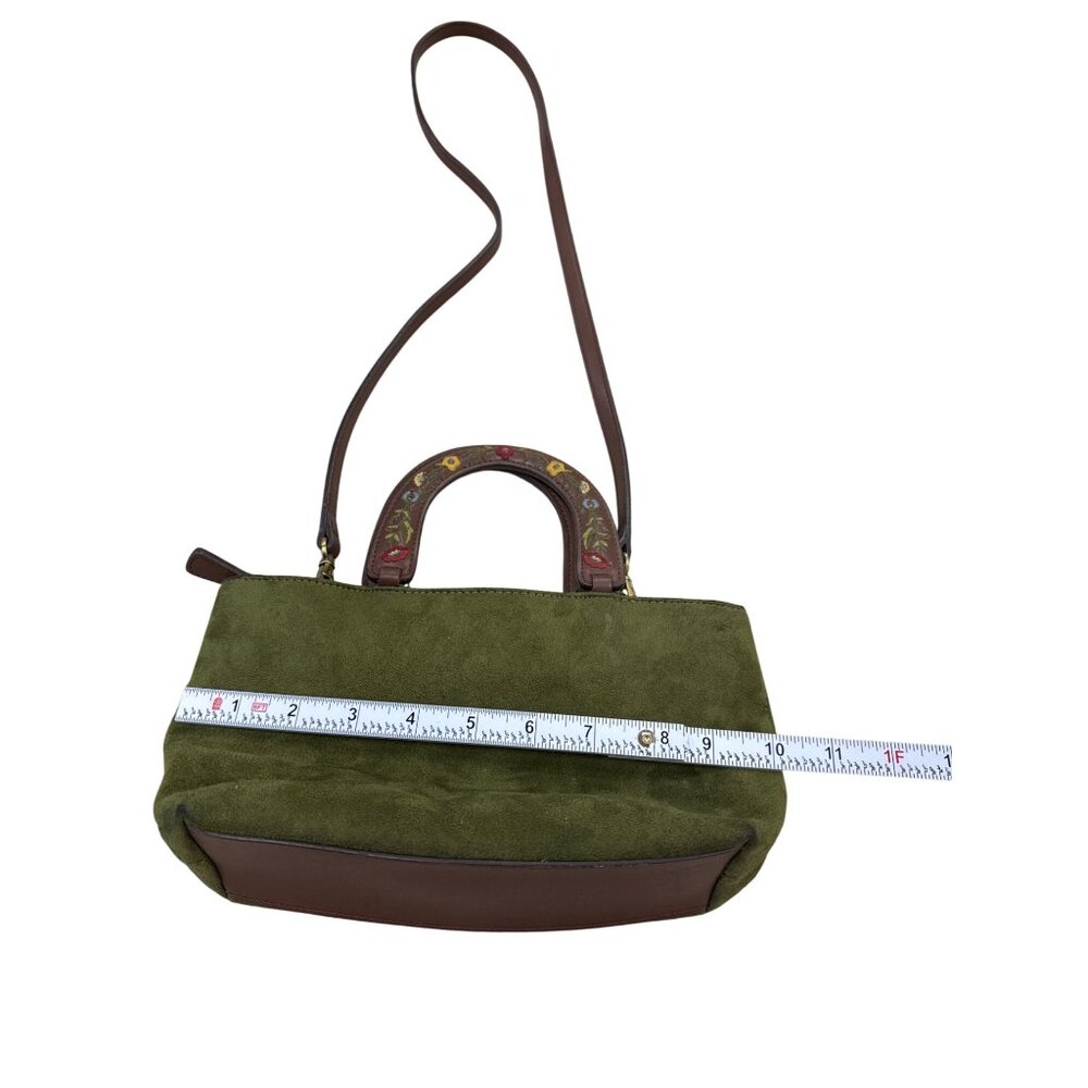Relic Green Suede Brown Leather Floral Handle Crossbody Bag SKU 7056 - Picture 6 of 13